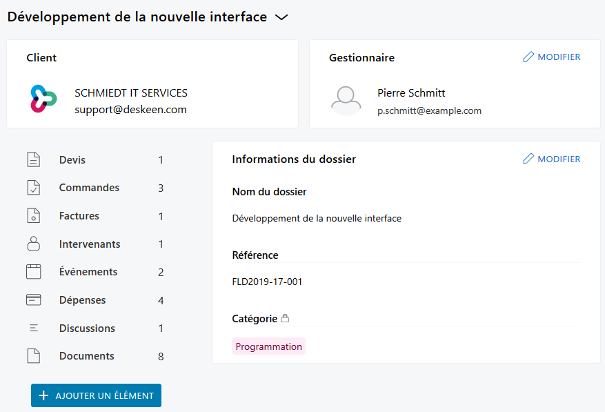 Exemple d'un dossier dans l'application Deskeen.fr